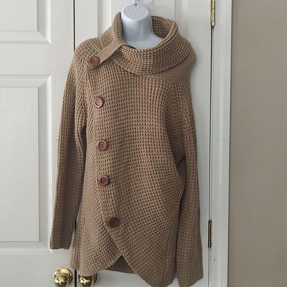Grecerelle Tan Waffle knit cowl Asymmetric Hem Wrap sweater  cardigan Sz M - Picture 2 of 8